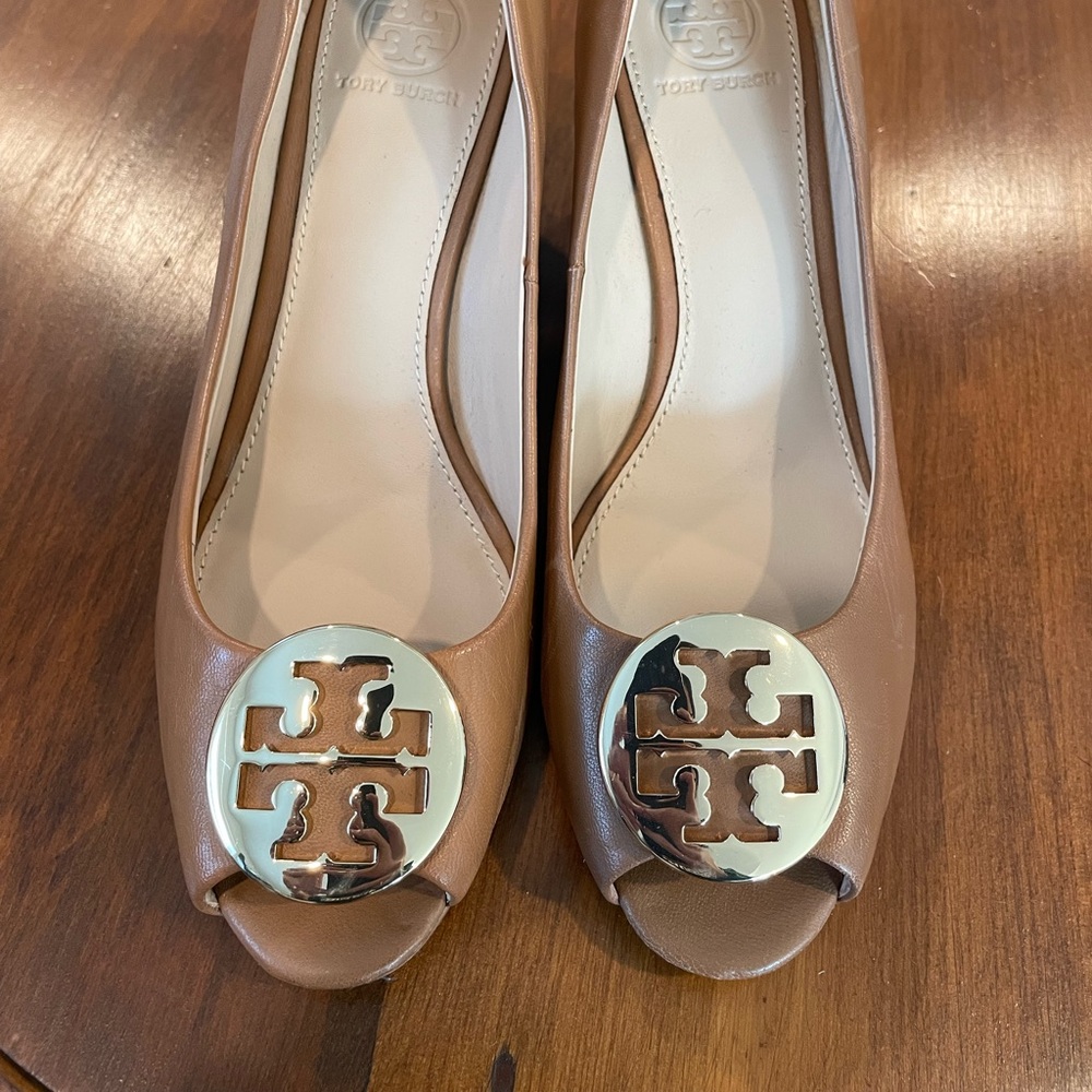 Tory Burch Benton Peep Toe Leather Wedge Sandal